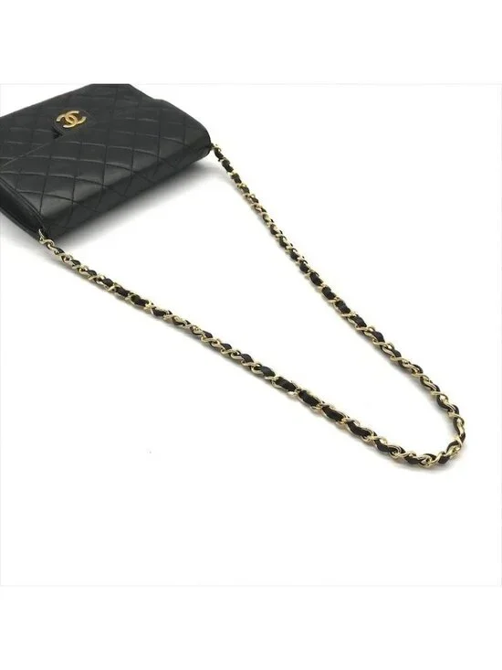 Chanel Quilted CC Logo Push Lock Lamb Leather Chain Shoulder Bag Black Purse - Picture 6 of 10